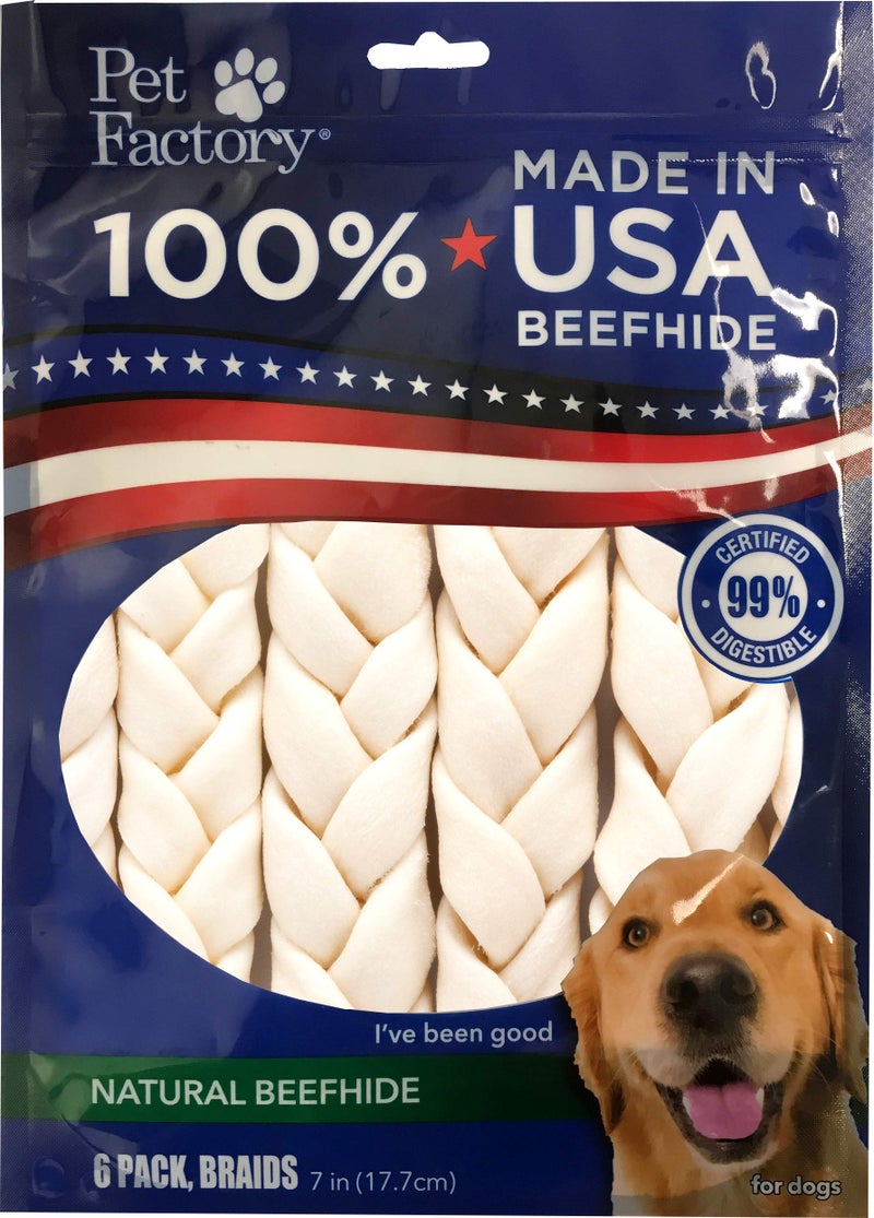 Pet Factory 100% Made in USA Beefhide 7" Braided Sticks Dog Chew Treats - Natural Flavor, 6 Count/1 Pack - Image 1